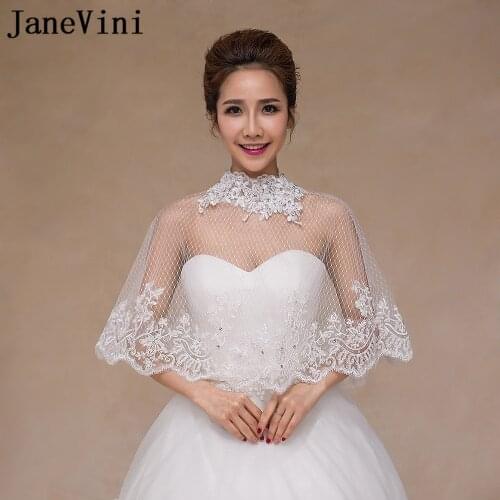 JaneVini 2018 New Beaded High Neck Bridal Shawl Lace Bolero Summer Bride Shawls Evening Dresses Cape White Mesh Wedding Jacket