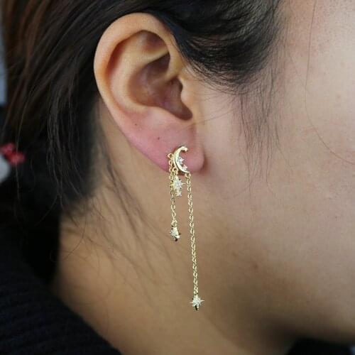 New Arrived Clear Cz Paved Moom Charm Dangel Drop Earring with Star Tassel Chain Earrings 2021 European Women Gift Wholesale