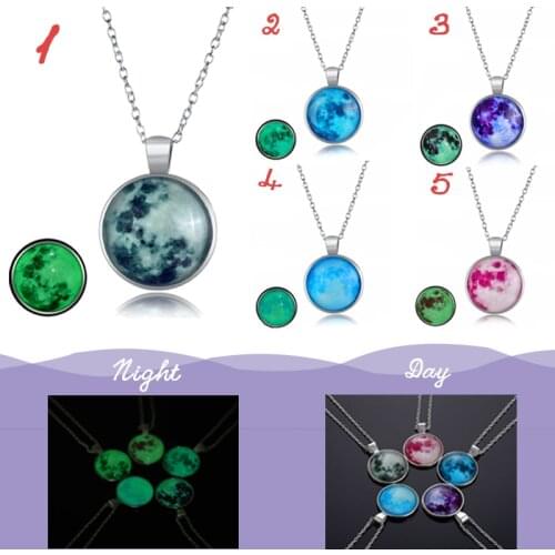 Vienkim Fashion Glowing Moon Surface Necklace 25mm Galaxy Planet Glass Round Pendant Necklace Christmas Luminous Jewelry Gifts