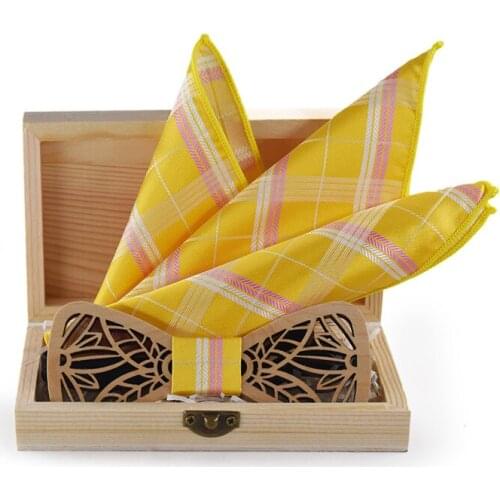 Dropshipping high quality ash floral wood bowtie kerchief engraved adult casual wedding suit wooden bow tie set with case