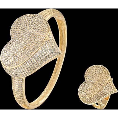 Funmode Luxury 3Tones Big Heart Design Micro CZ Pave Bangle Ring Jewelry Sets For Wedding Bridal Bijoux Sets Wholesale FS239