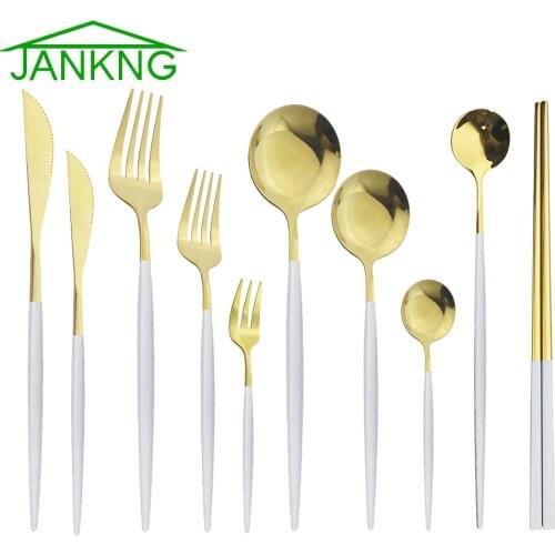6Pcs White Gold Tableware Stainless Steel Cutlery Minimalis Dinnerwaret Ice Spoon Cake Fork Chopsticks Dessert Flatware Kitchen