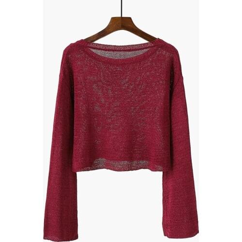 Thin Knitted Women Sweater and Pullovers O-neck Flare Sleeved Solid Loose Lady Female Elegant Pulls Outwear Tops