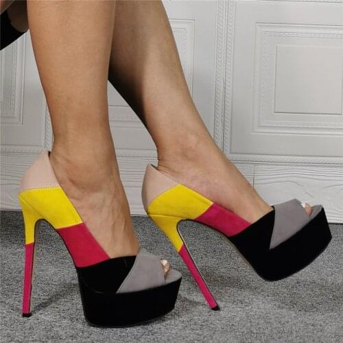 Sexy Multi Suede Geometric Patchwork Women Platform Peep Toe Night Club Stage Pump Super Party High Heels