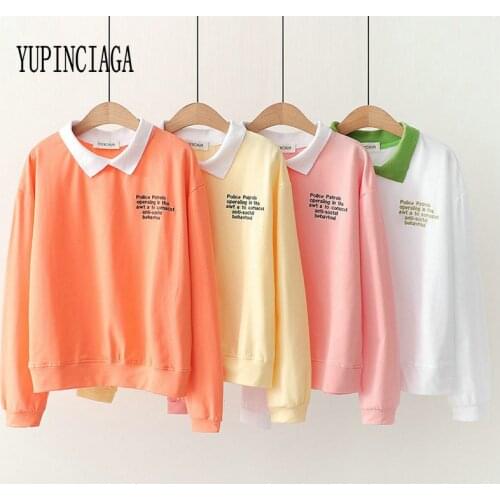 Women Patchwork Sweatshirt 2020 Spring Loose Turndown Collar Long Sleeve Hoodies Sweet Style Girl Casual Pullovers YUPINCIAGA
