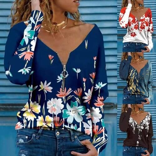 New Autumn Women V Neck Zipper Floral Print Long Sleeve T-shirts Casual Loose Fashion Plus Size 2021 Elegant Pullover Shirt Tops