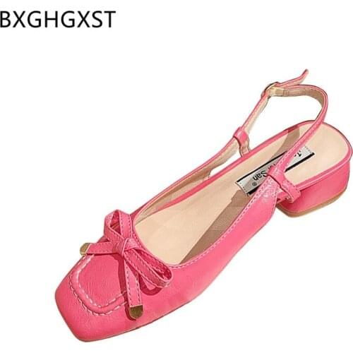 Leather Sandals Women Square Toe Heels Women Sandals Summer 2021 Butterfly-knot Block Heels Low Heels Sandals Woman Zapatillas