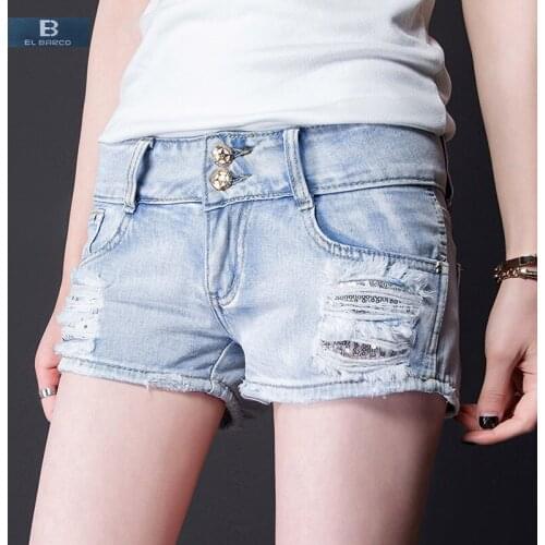 [EL BARCO] New Denim Cotton Ripped Holes Shorts Women Casual Jeans Summer Pocket Sequined Solid Blue Female Mini Shorts Trousers