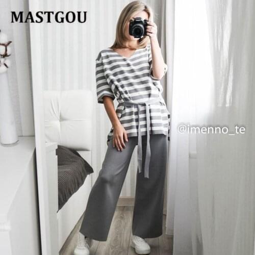 MASTGOU Autumn Summer Compus Striped Women Tracksuits V Neck Women Sweater With Belt + Wide Leg Straight Pant Suits 2 Piece Sets