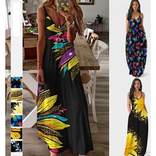 2021 Summer New Floral Print Ladies Dress V-Neck Sexy Backless Women Sun Skirt Girl Sleeveless Bohemian Beach Long Skirt