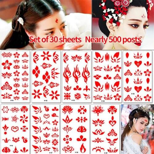 30Pcs Chinese ancient costume beauty eyebrow stickers Hanfu Hua Bai Fengjiu forehead stickers ins printed beauty tattoo