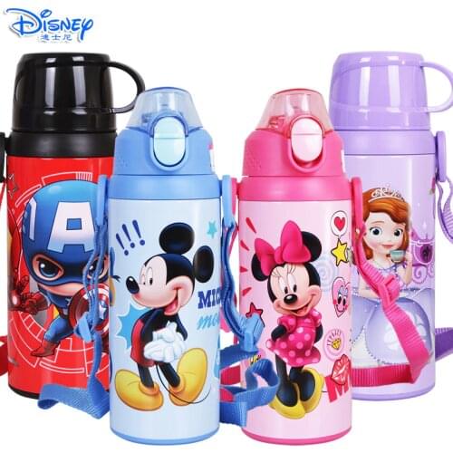 500ML Baby Thermos Water Bottle Cup Insulated with 2 Lids Mickey Minnie Kids School Kettle Stainless Steel Straw Thermal Cup