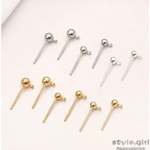 18K Gold Silver 3/4mm Stud Earrings Back Plug Ear Pins Ball Needles 6pcs For DIY Jewelry Making Accessories Findings Wholesale