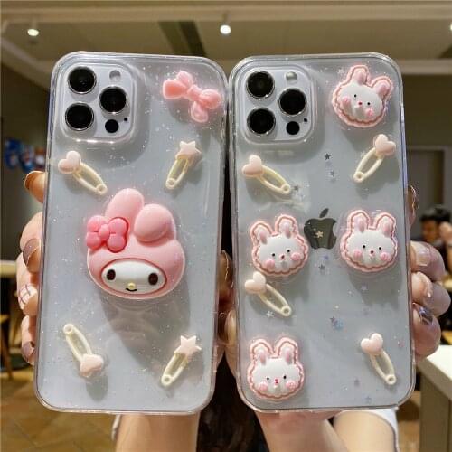 Cartoon Bunny Glitter TPU Phone Case for iPhone 12Pro MAX 11 7 8 Plus X XR XS MAX Rabbit Transparent Phone Protective Cover