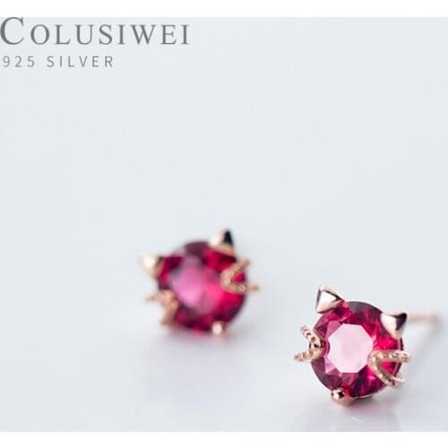 Colusiwei Genuine 925 Sterling Silver Red Crystal Cute Cat Stud Earrings for Women Animal Fashion Jewelry Gifts for Girl