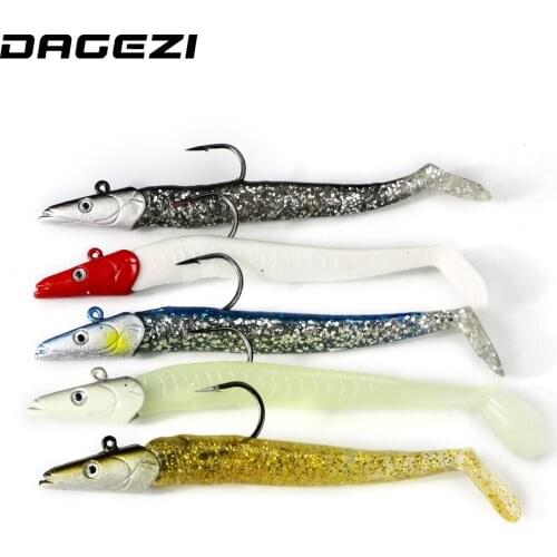 DAGEZI 5pcs/lot lead Jig Head Soft Lure 11cm/21g Luminous Soft bait with hook Swimbaits fishing Tackle Sharp Hook Pesca