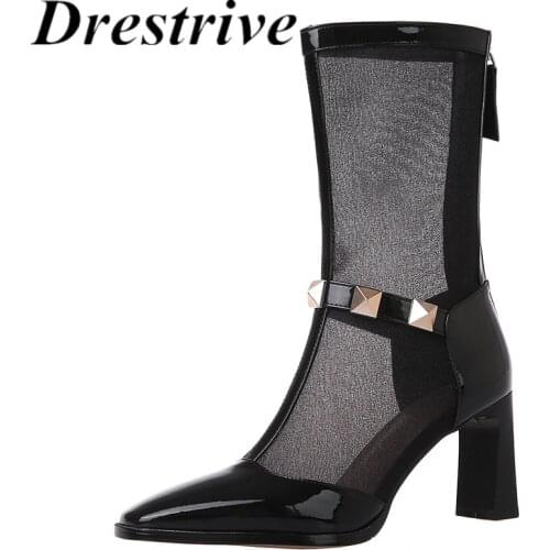 Drestrive 2021 Summer Mid Calf Boots Mesh Patent Leather Square Toe Rivet Zipper Fashion High Heel Shoes Black Patchwork