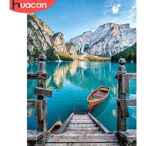HUACAN Full Square Diamond Painting Cross Stitch Boat DIY Mosaic Rhinestone Scenery Diamond Embroidery Lake Decoration For Home