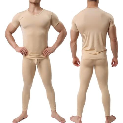 Mens Undershirt Pant Set Ultra-thin Cool Spandex Thermal Sleep Underwear Shirt & Pant Set