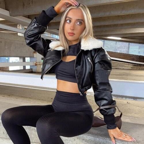 Hirigin Long Sleeve Zip up Solid Fur Ruched Pu Leather Jacket Autumn Winter Women Fashion Streetwear Plush Coat Casual Outfits