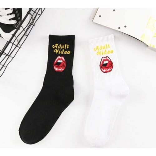 Fashion Harajuku Men Hiphop Socks for girls Women Punk Street Style Black White Big tongue Skateboard Sporty Cotton Socks Men