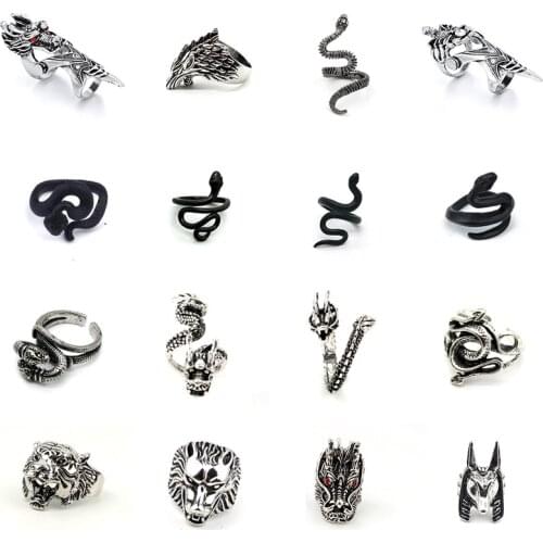 1PC New Gothic Snake Animals Ring For Men Vintage Punk Hiphop Black Mamba Cross Dragon Head Tiger Skeleton Male Ring Jewelry