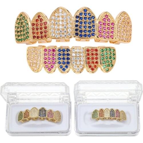 Iced Out Grillz Top & Bottom Teeth Grillz Set Six Colors CZ Stone Grills Dental Hip Hop Tooth Caps Rapper Jewelry Gift