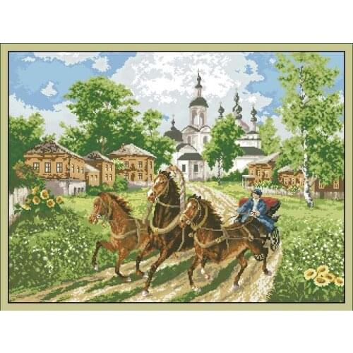 Galloping Horses,Carriage Sewing Kit Top Quality Embroidery Needlework 14CT Unprinted Cross Stitch Kits DIY Handmade Home Decor