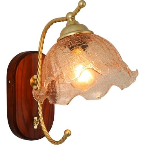 Tiffany gold wood wall lamps vintage retro glass decorated bedroom living room bedside coffee shop wall sconces lights fixtures