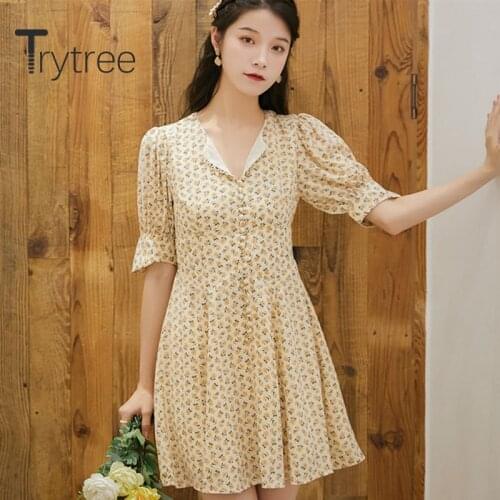 Trytree 2020 Summer Woman Casual Dress V-neck Print Yellow Vintage Temperament Button A-line High Waist Mini Office Lady Dress
