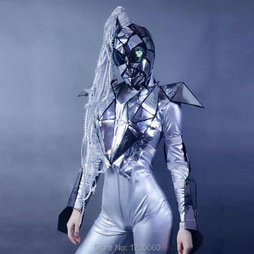 Future technology sense silver mirror stage jumpsuit set future soldier men and women gogo dance team party rave costume mask