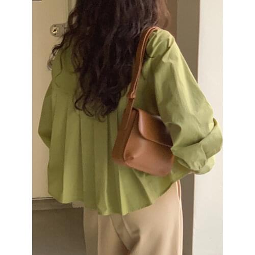 SHENGPALAE 2021 Spring Womens Fashion Sweet Blouse Turn-down Collar Long Sleeve Puff Sleeve Back Pleated Loose Shirt Female