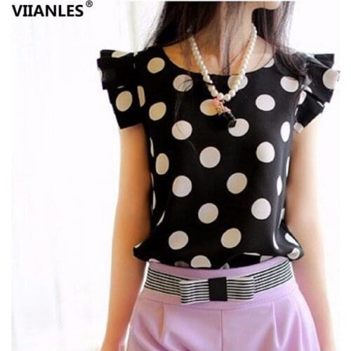 Chiffon Blouse Elegant Polka Dot Blouses Summer Tops Fashion O-Neck Women Female Sweet White Shirt Casual Black Tops