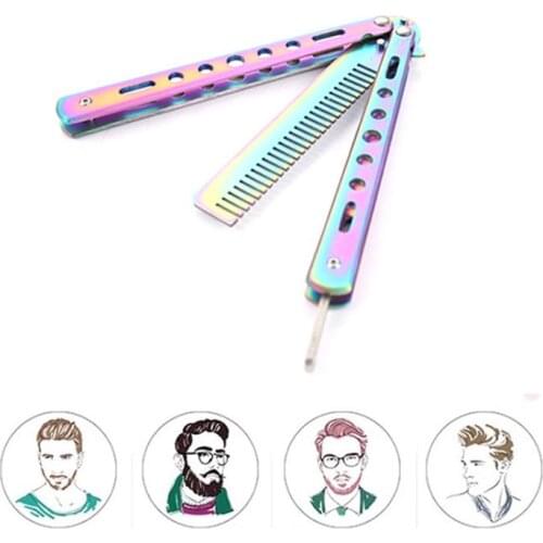 Foldable Comb Stainless Steel Practice Training Butterfly Knife Comb Beard Moustache Brushes Hairdressing Styling Tool