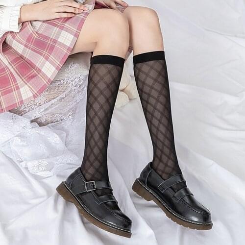 Dark Fringe Rhombic Shaped Grid Socks Lolita Cosplay JK Preppy Style Knee High Black White Stocking