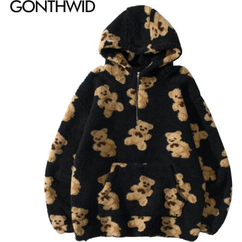 GONTHWID Fleece Hooded Sweatshirts Streetwear Hip Hop Bear Print Half Zipper Pullover Hoodies Harajuku Casual Tops Coats Outwear