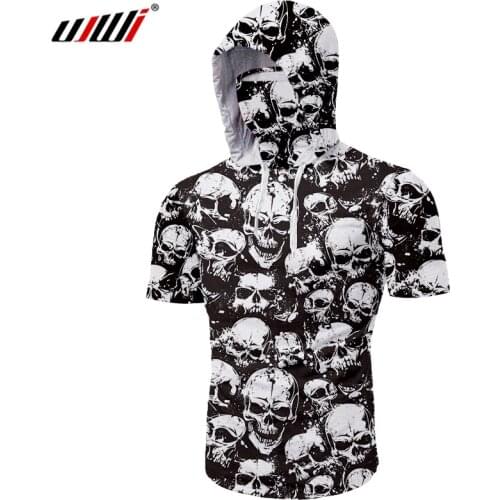 UJWI 3D Printing Skull Shirt Harajuku Oversize Mens Black White Mask Hooded Shirt Summer Youth Passion Plus Size Streetwear 5XL