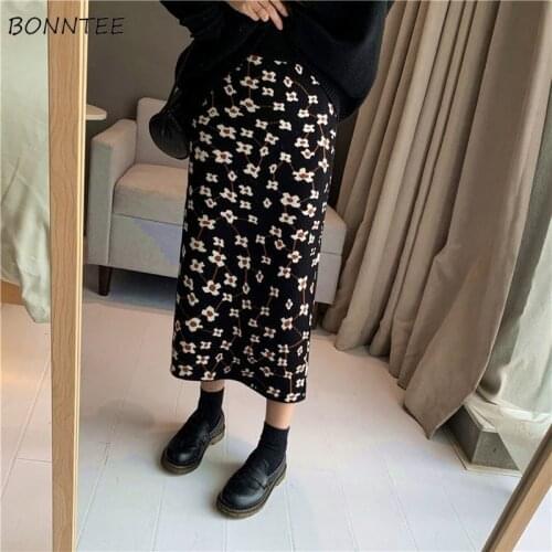 Skirts Women Straight Trendy Print Vintage Knitting Cotton Thickening Elastic Waist Autumn Warm Retro Mid-Calf Artistic Classic
