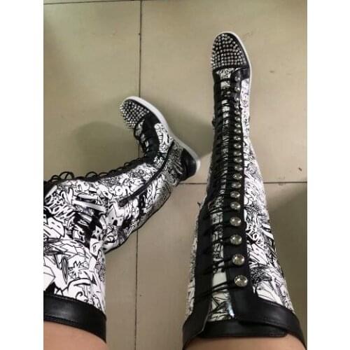 Dipsloot Newest Girls Spike Rivets Studs Round Toe Lace Up Thigh Boots Woman Black Printed Over The Knee Casual Flat Boots Shoes