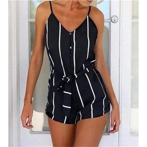 Women Playsuits Sexy V Neck Sleeveless Button Sashes Cotton Playsuits Casual Slim White Black Short Jumpsuit Femme Rompers