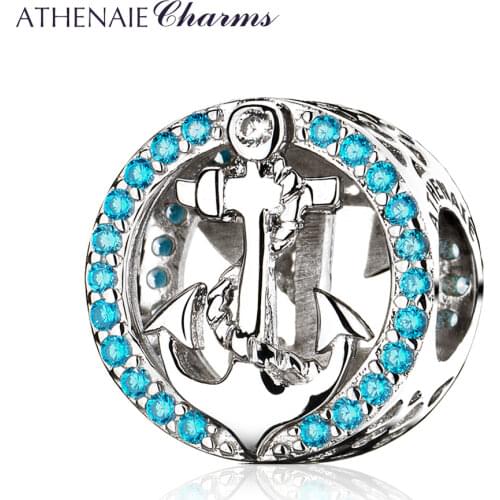 ATHENAIE Popular 100% 925 Sterling Silver Symbol Of Stability Anchor Blue Charms Beads for Bracelet Women Fashion Jewelry