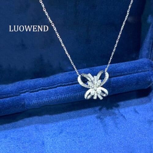 LUOWEND 18K Solid White Gold Pendant Necklace Real Natural Diamond Animal Butterfly Cocktail Jewelry Women Engagement Necklace