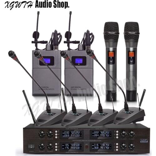 Digital UHF Wireless Microphone System with 4 Gooseneck Conference 2 Handheld 2 Lavalier Laval Microphone Bodypack Transmitter