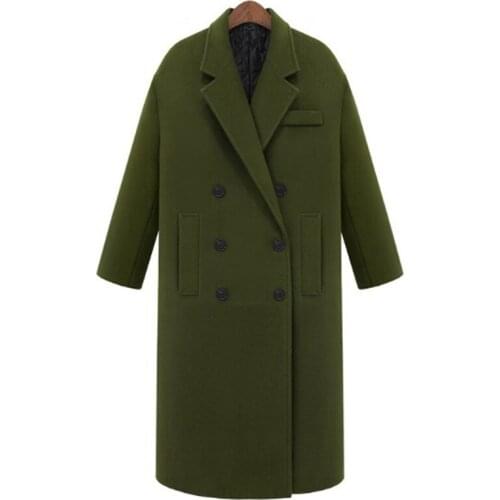 Savabien Long Coats Winter Women Double Breasted Wool Coat Elegant Vintage Korean Coat Thick Warm Woolen Army Green Jacket Coats