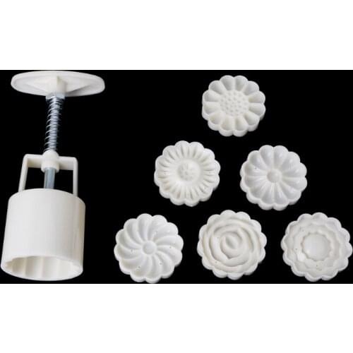 Moon Cake Mould Mold with 6Pcs Stamps Round Flower Pastry Mooncake Hand DIY Tool