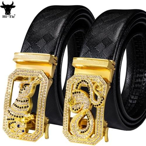 Hi-Tie Luxury Novelty Animal Rhinestone Automatic Buckle Mens Belts Black Leather Ratchet Waistband Strap for Dress Jeans XXXL