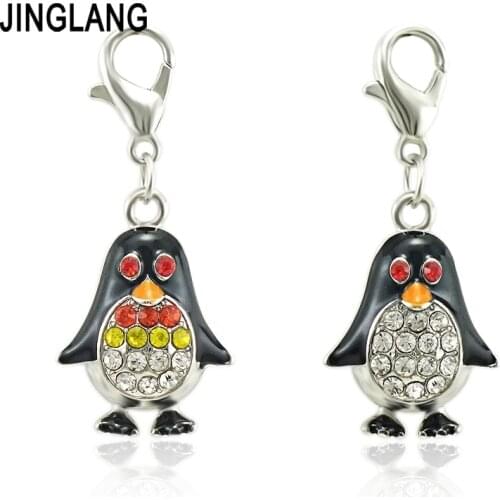 JINGLANG Fashion Animals Lobster Clasp Charms Dangle Rhinestone Penguin Charms Pendants DIY Jewelry Making Accessories