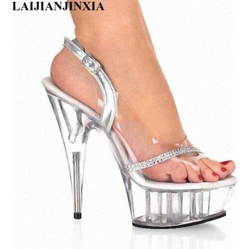 LAIJIANJINXIA 6 Inch High Heels Sexy Crystal Noble Diamond Chain Open Toe Sandals Full Transparent 15cm High-Heeled Shoes K-080