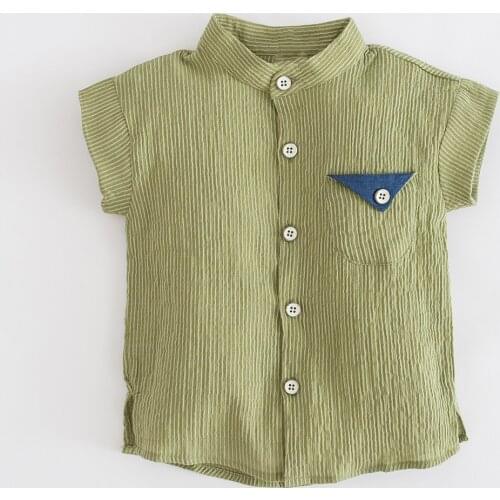 Summer Toddler Boys Shirts Blue Green Striped Linen Shirt Button Blouse For Baby Boy Fashion Pocket Kids Clothes Child Clothing