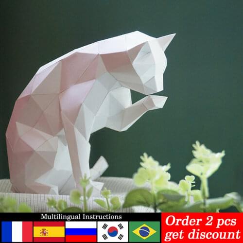 Cat Licking Hand Animal Decor Home Decoration Paper Model Ornaments,Low Poly 3D Papercraft,Handmade DIY Adult Craft Toy RTY208